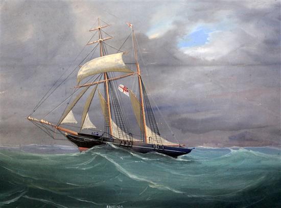 Tomasso de Simone (Italian, 19th/20th) The Chichesters Yacht Ermina possibly off Malta 20 x 28in.